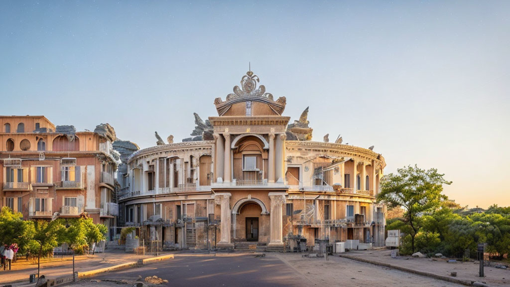 Neoclassical building with sculptures at sunset surrounded by trees and traditional structures