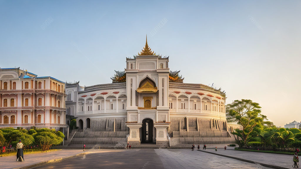 Traditional white building with golden accents and people walking at dusk