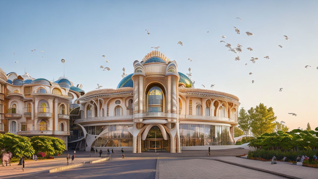 Curved facade and domed roofs with birds and people.