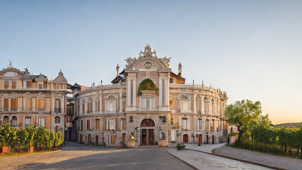 Historic ornate building with symmetrical structures and greenery landscape