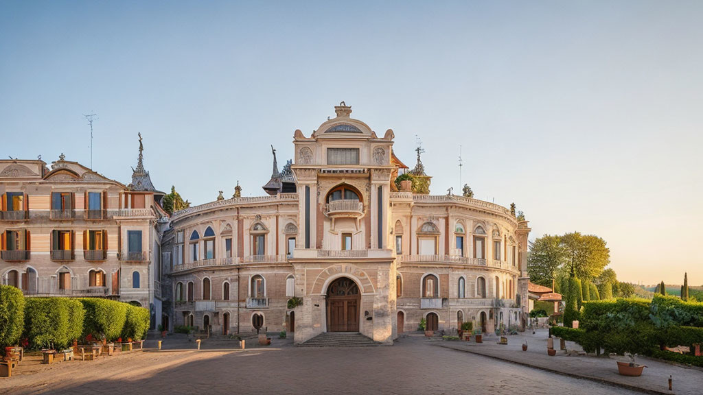 Symmetrical classical building with arched entrance and potted plants