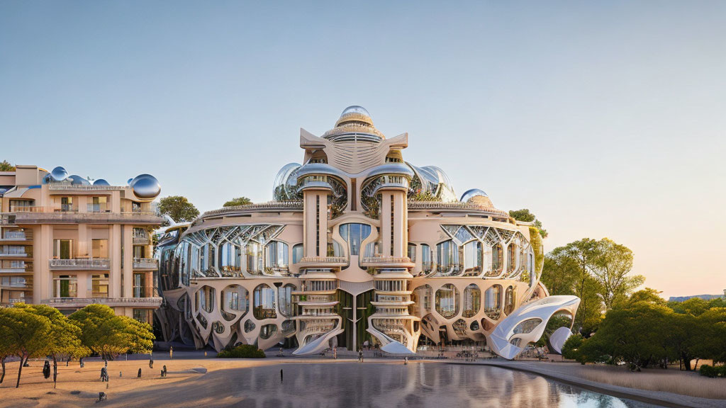 Unique futuristic building with organic architecture and large glass windows, white domes, and intricate detailing, surrounded