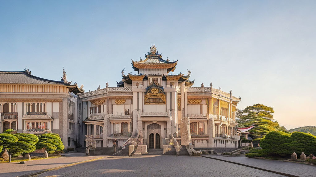 Intricate Traditional Asian Architecture with Manicured Trees