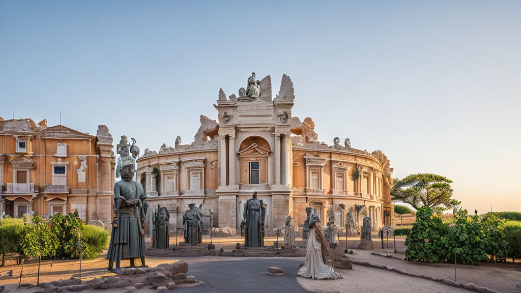 Historical building courtyard with statues and greenery under clear blue sky