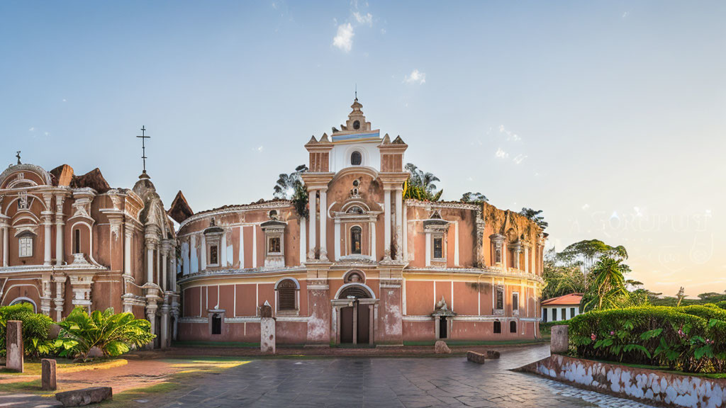 Ornate historic pink and cream church with baroque architecture in lush greenery