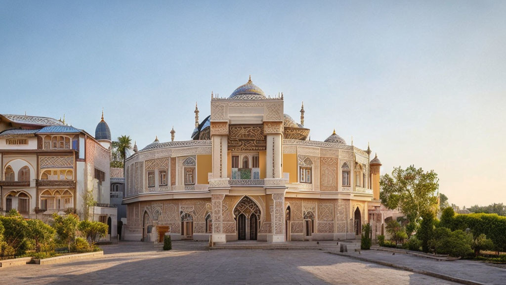 Ornate Building with Arches and Domes in Serene Plaza