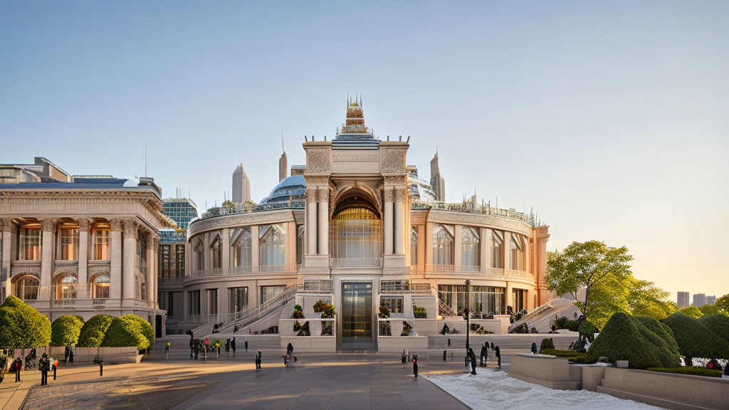 Classical building with glass annex, stone stairs, and cityscape background.