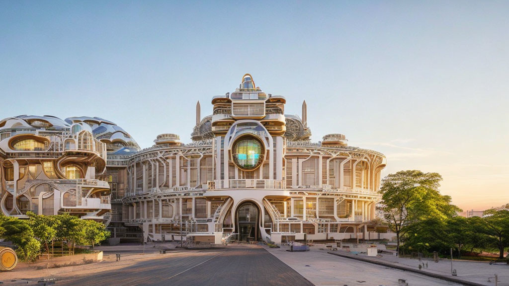 Elaborate futuristic building with rounded shapes and glass sphere at sunrise or sunset