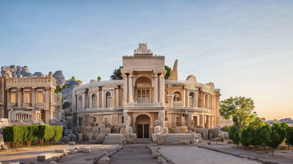 Neoclassical palace with grand staircase and sculptures against rocky hills