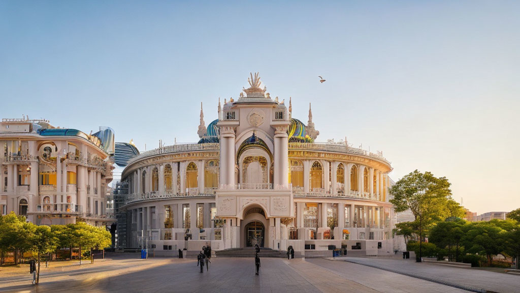 Neoclassical white building with domes and modern structures in a square