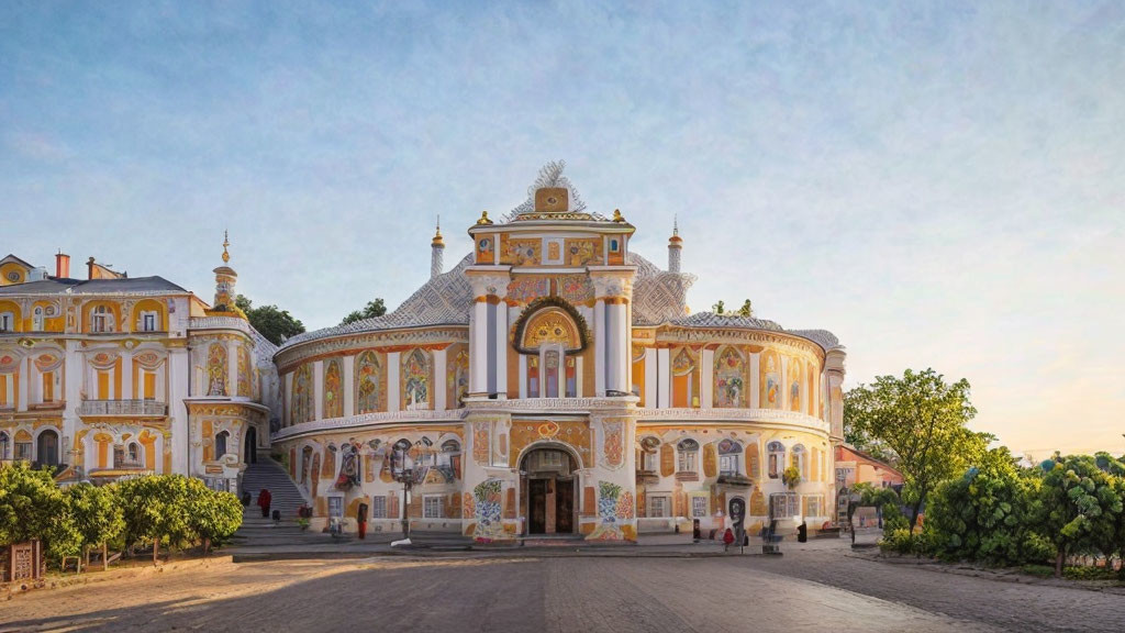 Ornate Baroque Palace with Yellow and White Facade at Dusk