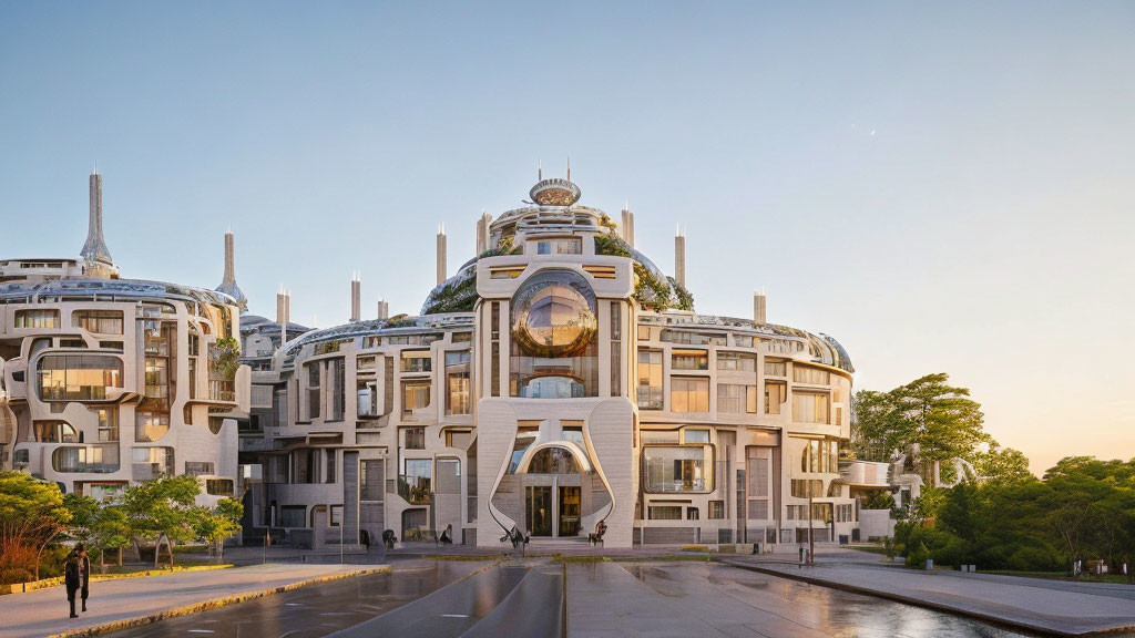 Contemporary architecture with circular and linear design, glass sphere, green surroundings, soft dusk sky.