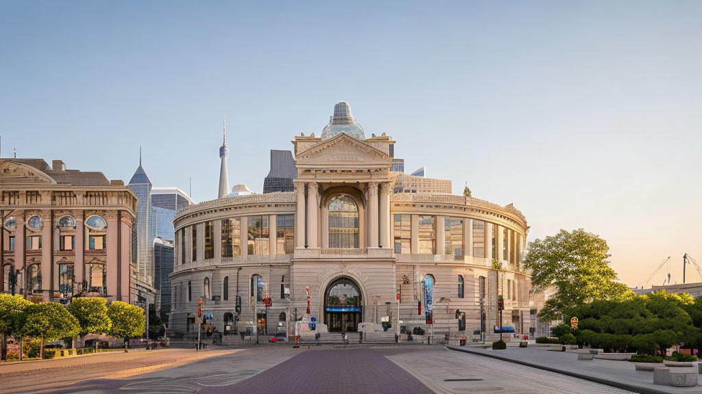 Neoclassical building with dome among modern skyscrapers under clear blue sky