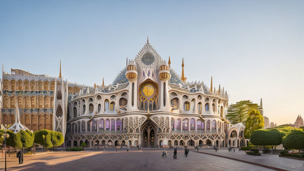 Gothic-style building with stained-glass window and intricate facade details