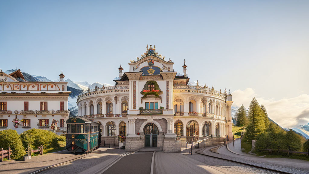 Ornate building with balcony and frescoes, mountains backdrop, green tram.