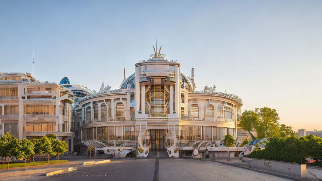 Curved glass facades and metal rooftops in modern building plaza at sunrise or sunset