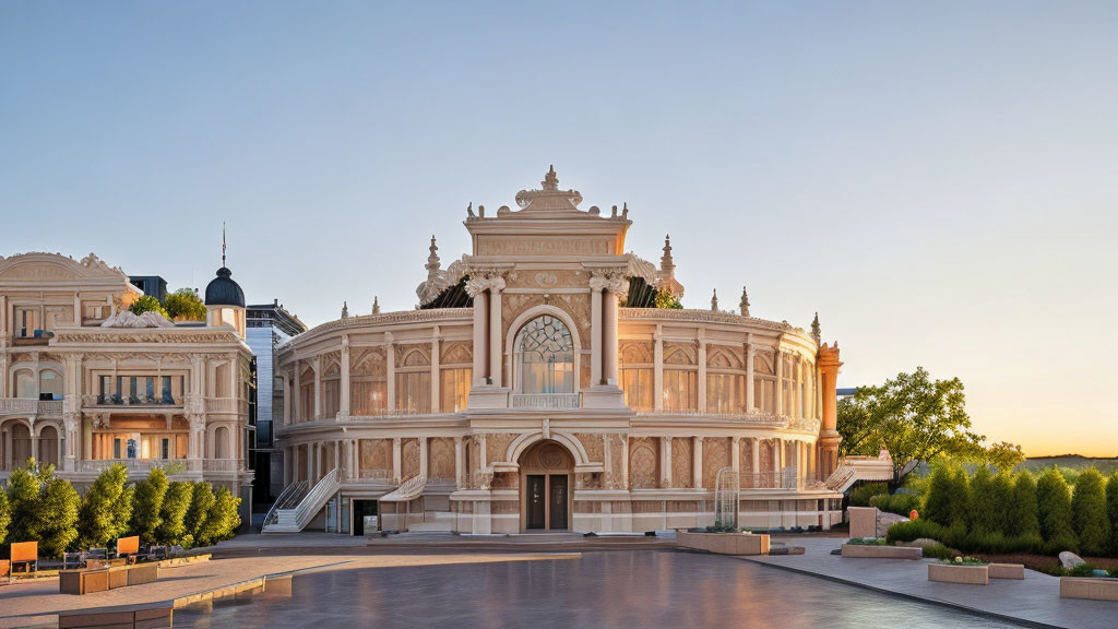 Neoclassical building with intricate details and central pediment, surrounded by trees and clear blue sky