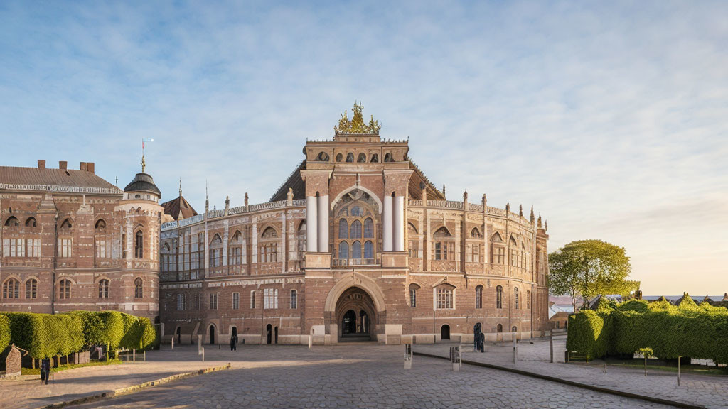 Ornate European Castle with Arch Entry and Crenellated Rooftop