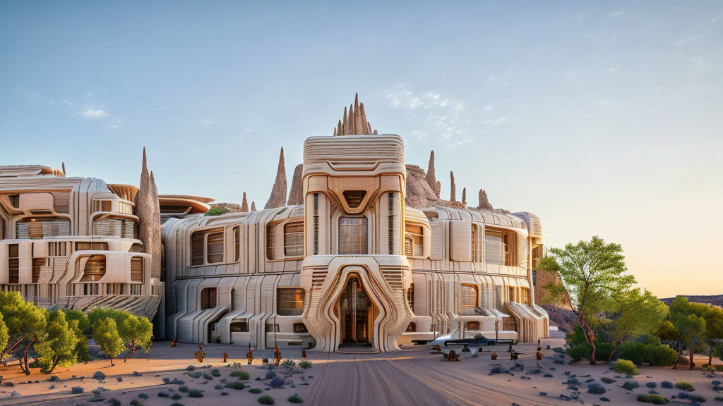 Organic desert architecture with flowing lines and spires against mountain backdrop