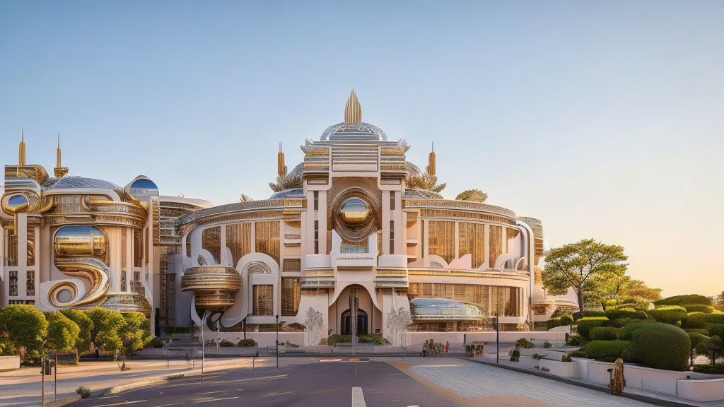 Luxurious futuristic building with gold and white facade and domes against a clear blue sky and greenery