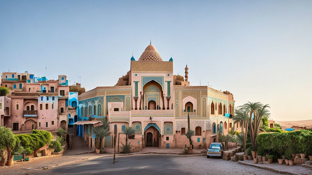 Ornate Islamic architecture on colorful traditional buildings