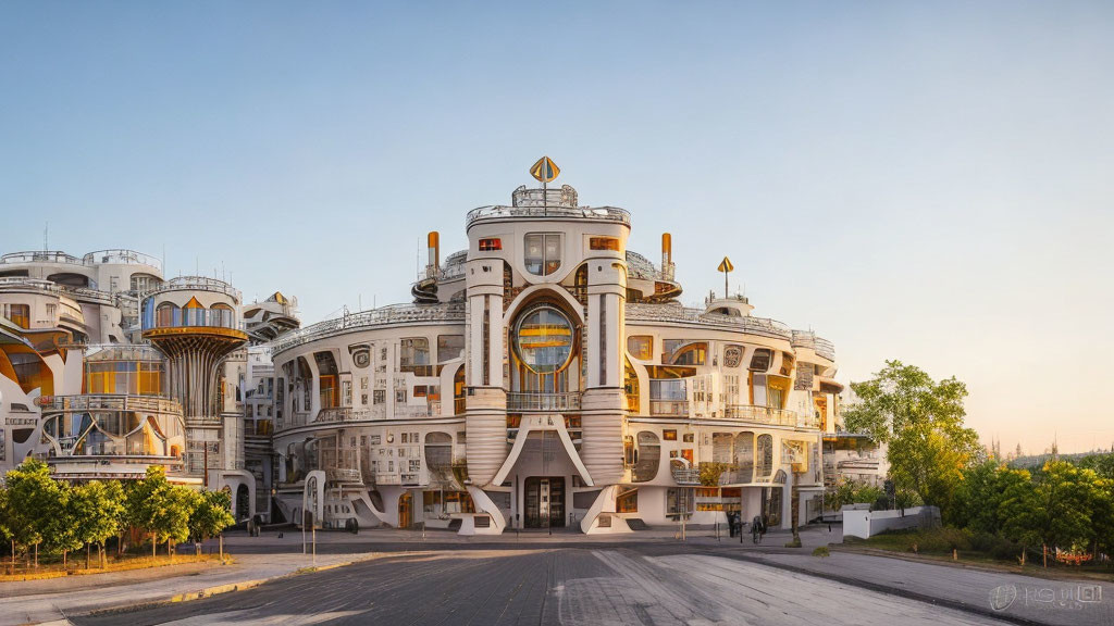 Modern building with curved architecture and white & gold accents. Circular balconies under clear sunset sky.