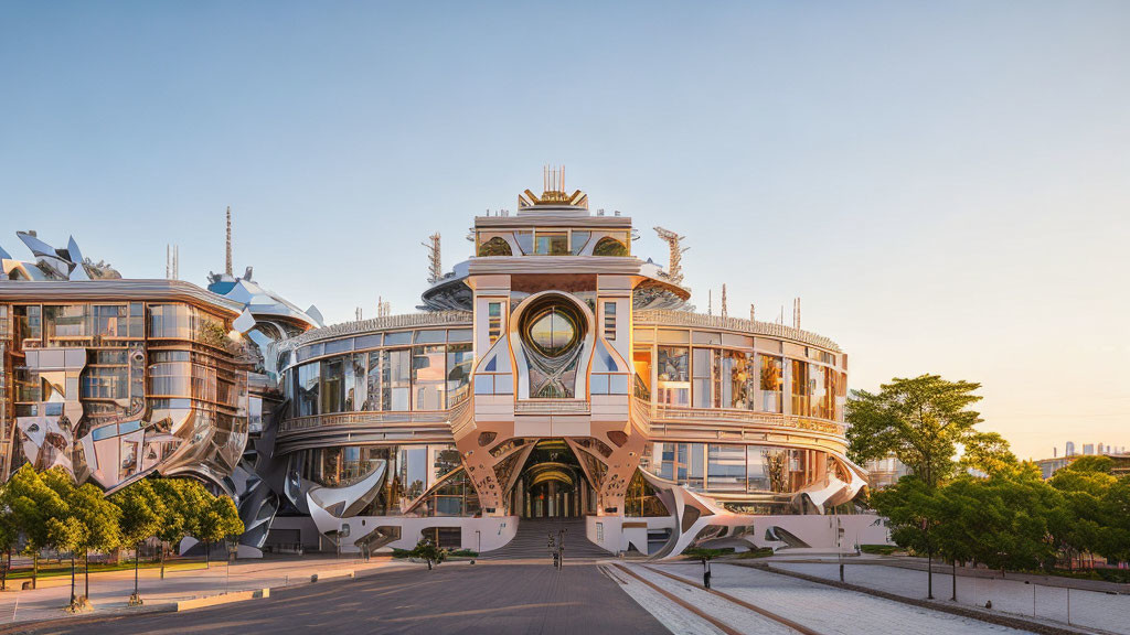 Intricate glass and metal modern building at golden hour