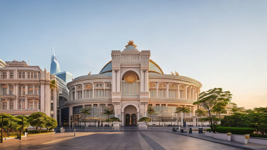 Opulent Building with Grand Arch and Modern Skyscrapers at Sunset