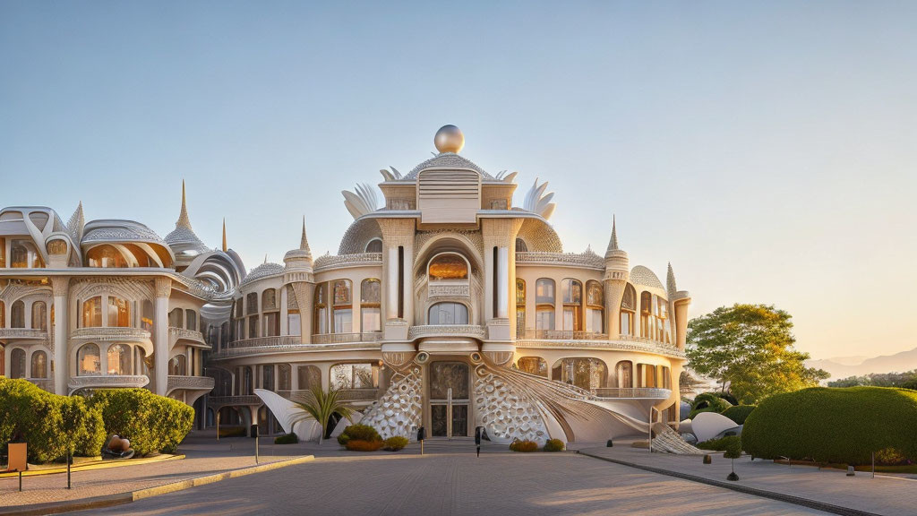 Ornate building with white domes and arches under clear golden hour sky