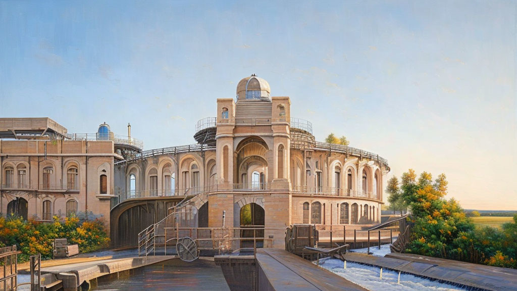 Water Treatment Plant with Central Dome and Arches in Serene Landscape