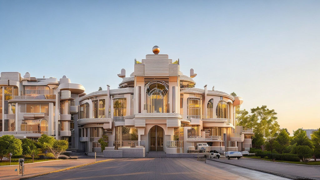 Modern building with central dome and golden sphere flanked by symmetrical wings at dusk