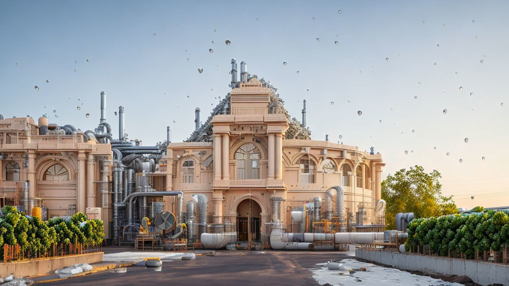 Surreal image: classical facade meets industrial elements & floating rocks