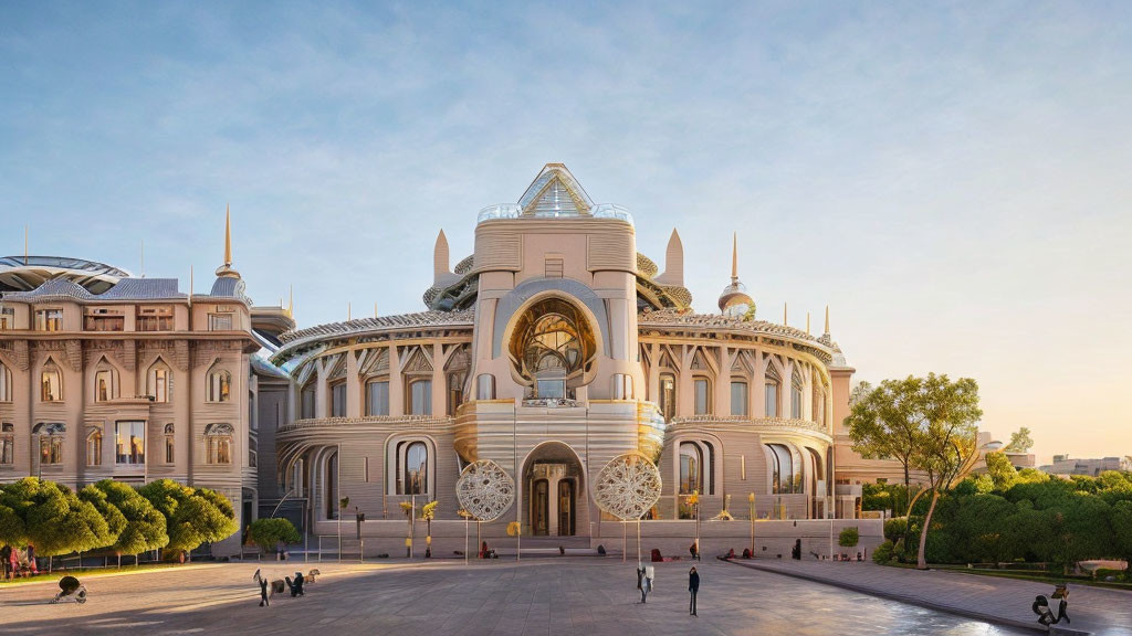 Ornate grand building with domes and gold sphere amidst greenery