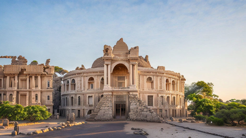 Classical-style Building with Elephant Stone Sculptures in Desert Setting