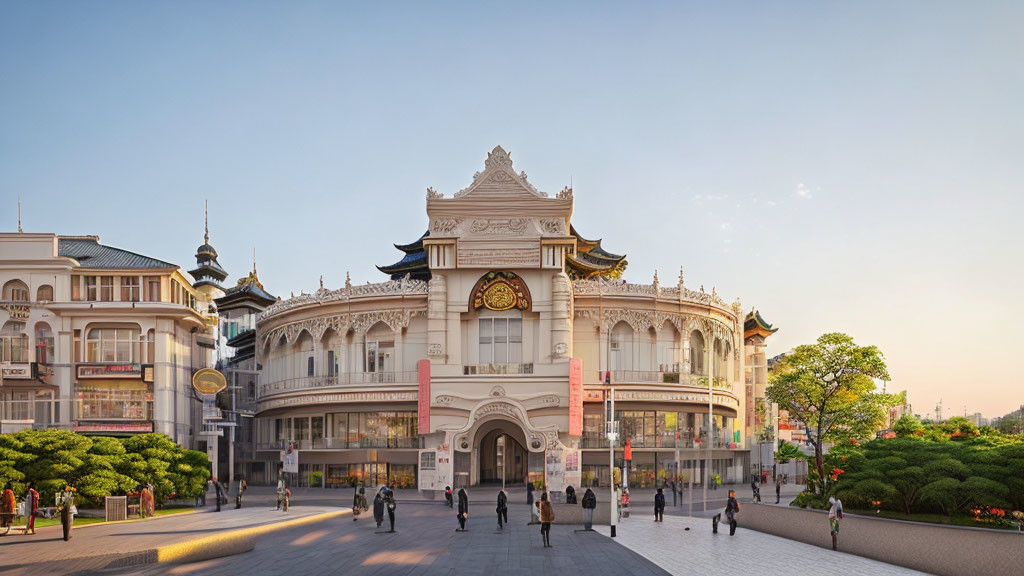 Classical architectural building in city square with pedestrians.