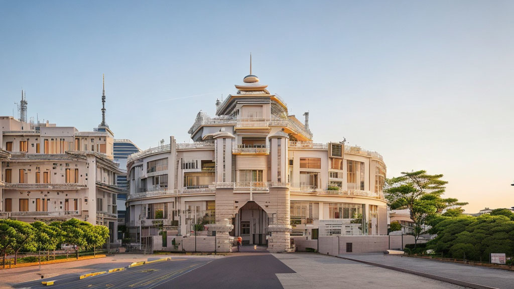 Ornate white building with classical architecture in modern cityscape