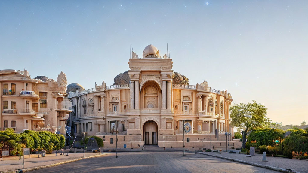 Majestic palace with domes and carvings in twilight setting