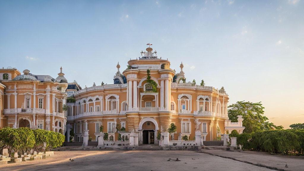 Historical building with baroque architecture and green surroundings at dusk