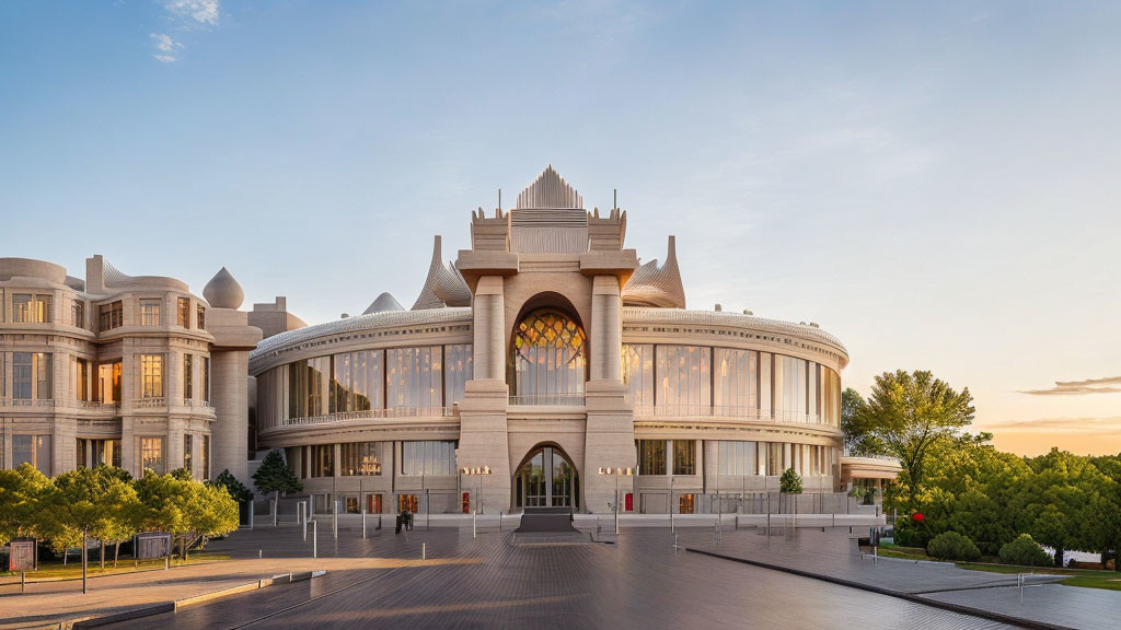 Modern building with traditional architectural elements and domes at dusk