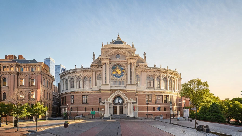 Historic building with central clock, ornate facade, arches, and square with trees.