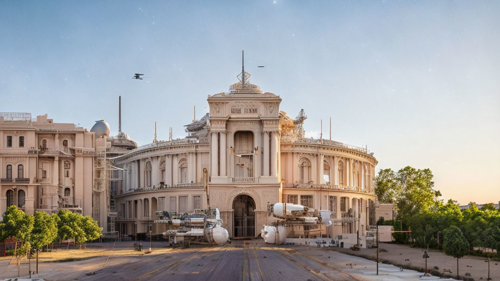 Classical Architecture Building with Futuristic Spacecraft in Historical Science Fiction Scene