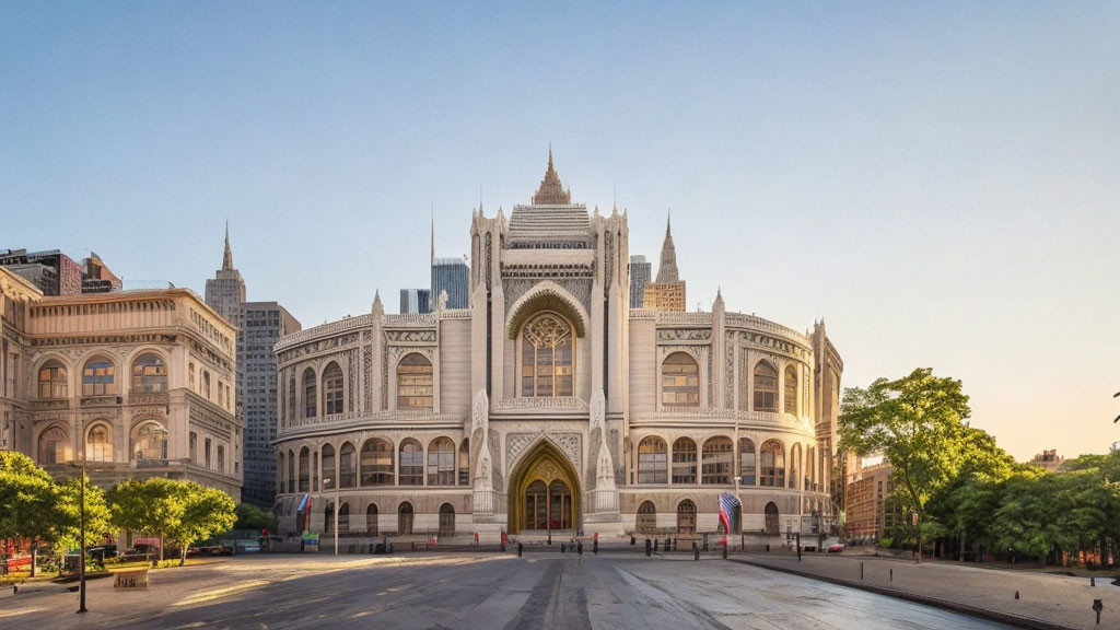 Gothic-style building with arches and spires at dawn