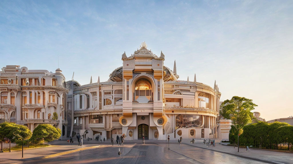 Classical architecture building at sunrise with grand entrance and people walking by