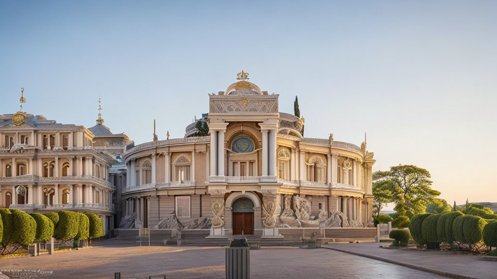 Classical Building with Sculptures and Hedges Under Clear Sky