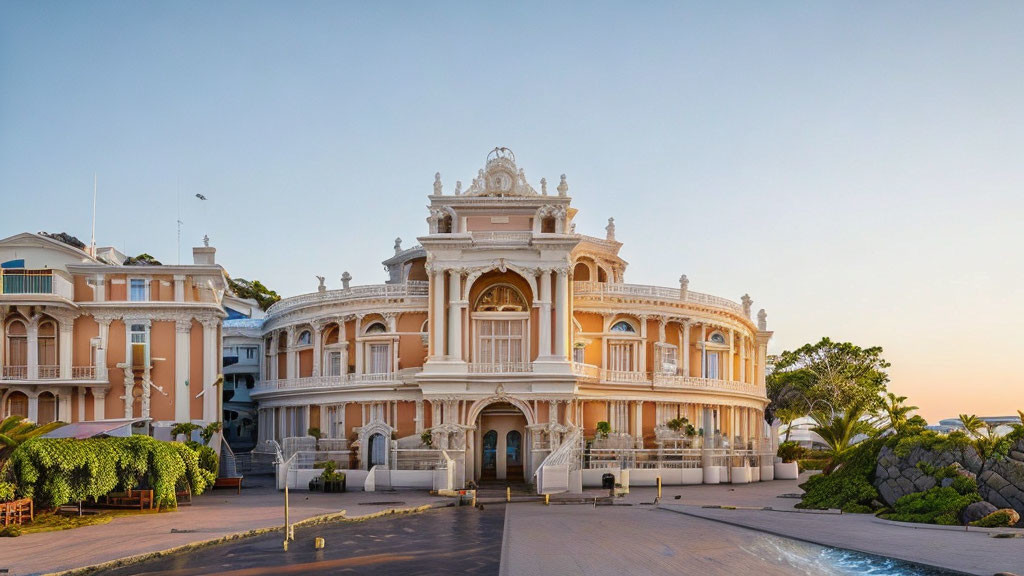 Neoclassical building with central dome and symmetrical wings at twilight