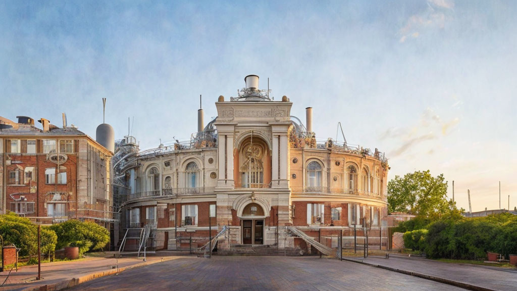 Classic Theater Surrounded by Modern Buildings at Sunrise or Sunset