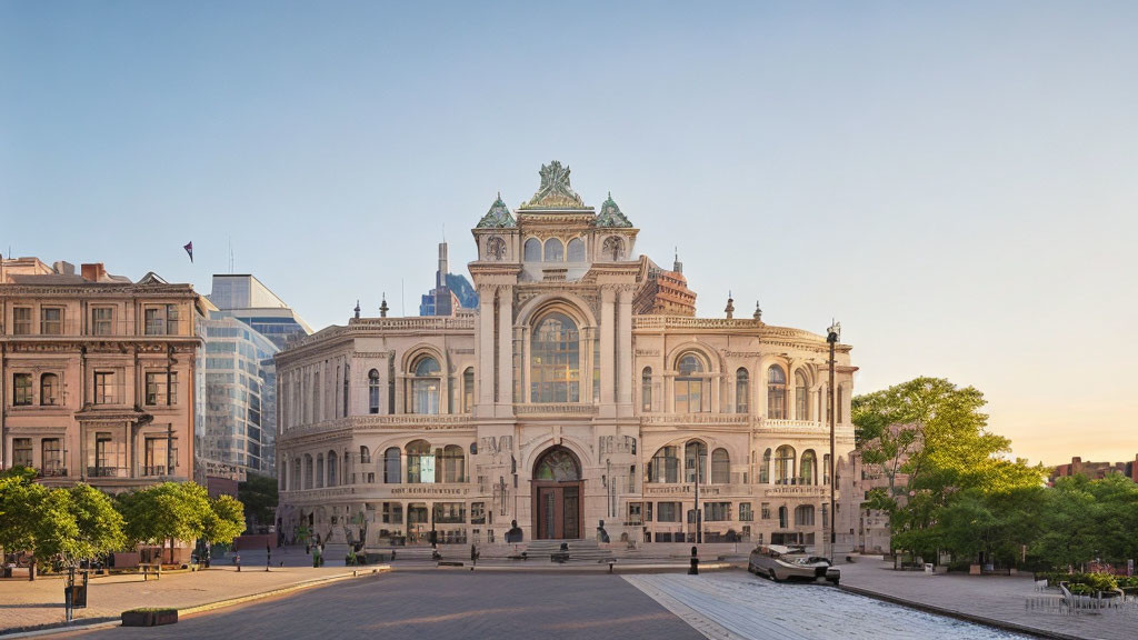 Neoclassical theater with intricate facade and sculptures at dawn or dusk