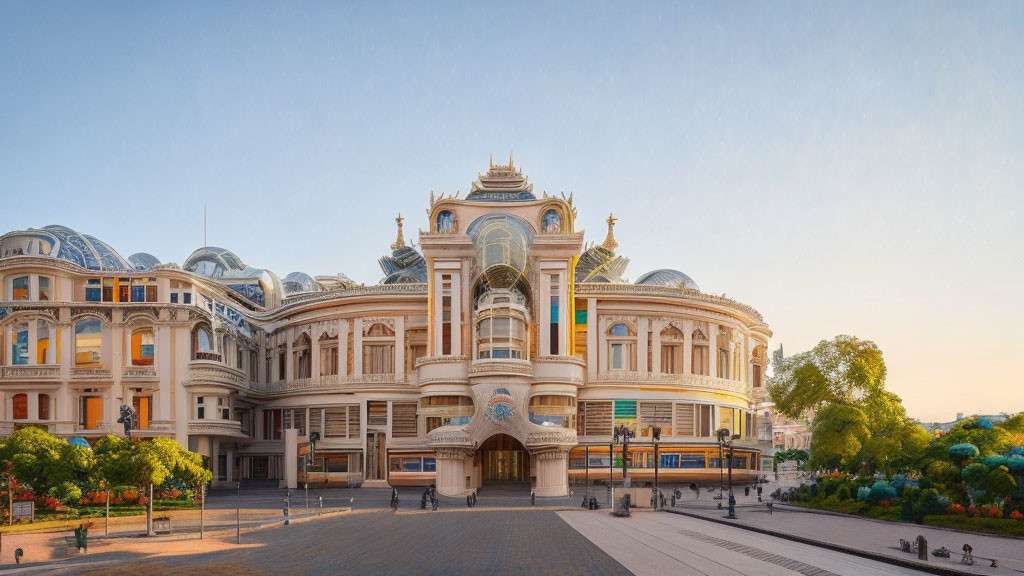 Ornate blue domed building with gold detailing in warm sunlight