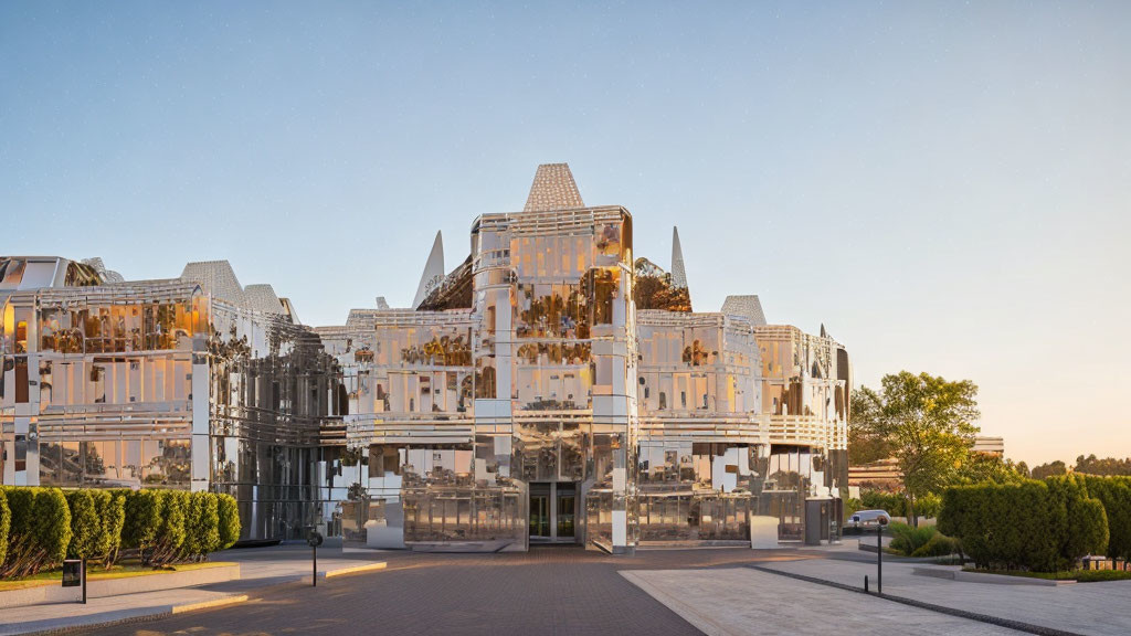 Modern multi-level building with intricate metallic facade and glass panels in a spacious courtyard at sunset