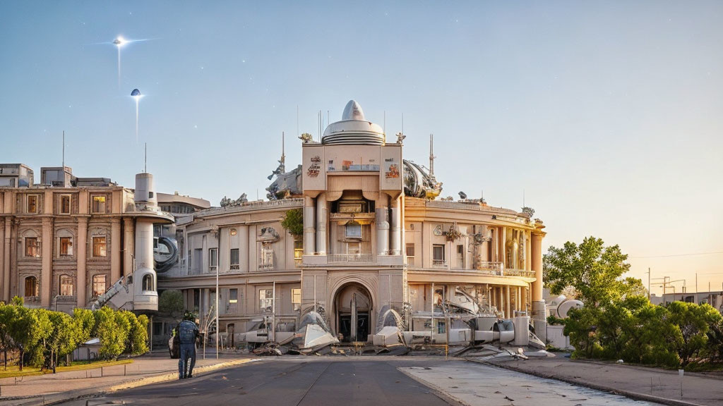 Eclectic building with scientific and space elements, two individuals walking under clear sky